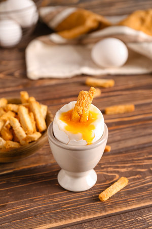 Holder with boiled egg and crunchy croutons on wooden table, closeupの写真素材