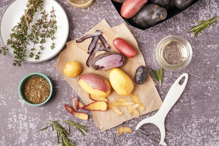 Composition with peeled raw potatoes, peeler, herbs and spices on grunge backgroundの写真素材