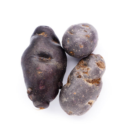 Heap of raw purple potatoes on white backgroundの写真素材