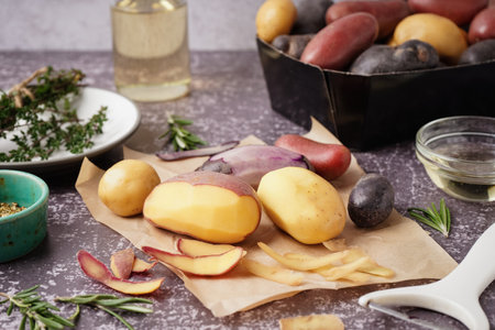 Peeled raw potatoes on tableの写真素材