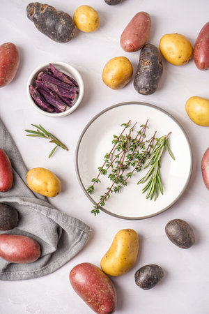 Composition with plate of fresh herbs and different raw potatoes on light backgroundの写真素材