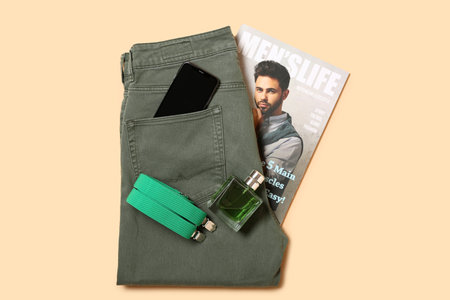Male pants, accessories, magazine and mobile phone on beige backgroundの写真素材