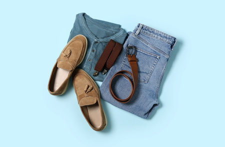 Male clothes, shoes and accessories on blue backgroundの写真素材