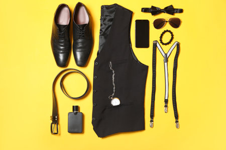 Stylish male accessories and shoes on yellow backgroundの写真素材