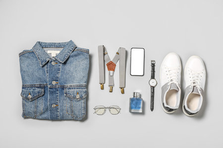 Stylish male clothes, accessories and mobile phone on light backgroundの写真素材