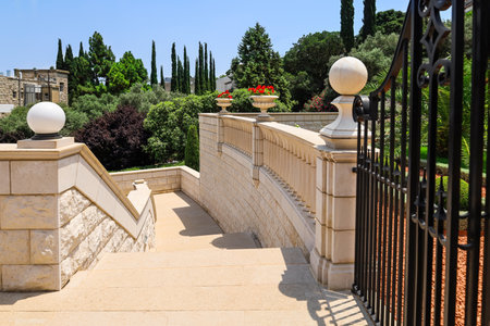 Marble stairs in city park on sunny dayの写真素材