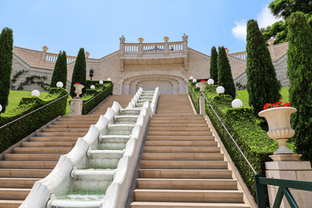 Big stairs with marble fountain in park