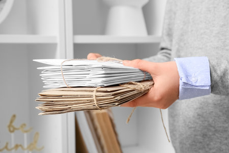 Woman holding tied letters near shelf unit, closeup. mail conceptの写真素材