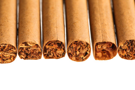 Whole cigarettes isolated on white background, closeup