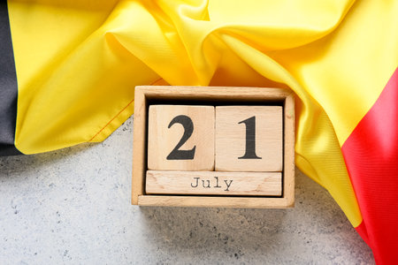 Flag of Belgium and cube calendar on light background, closeupの写真素材