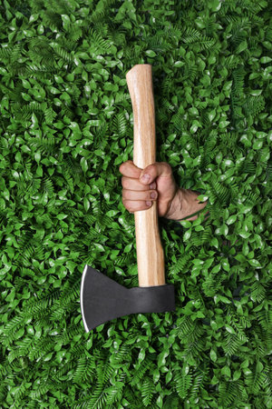 Man holding ax on green grass