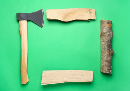 Frame made of ax and firewood on green backgroundの写真素材