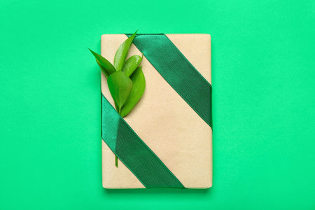 Beautiful gift box tied with green ribbon and plant branch on color backgroundの写真素材