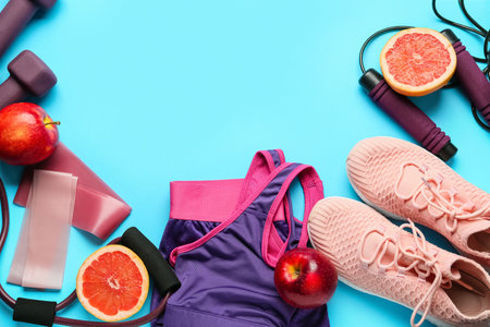 Sports equipment, clothes, shoes and fruits on color backgroundの写真素材