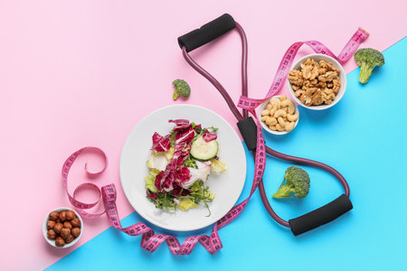 Delicious healthy food, expander and measuring tape on color backgroundの写真素材