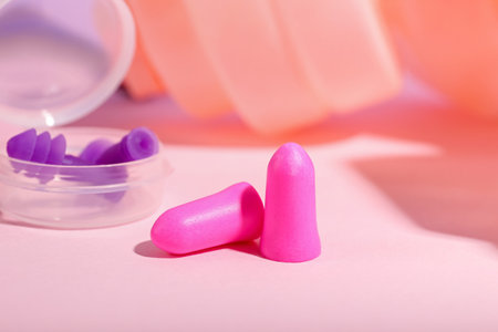 Plastic container with earplugs on pink background
