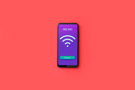 Mobile phone with WiFi symbol and connection button on color backgroundの写真素材