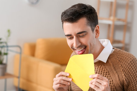 Young man with letter at homeの写真素材