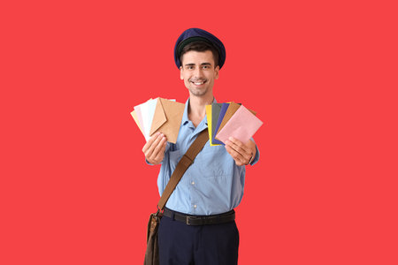 Handsome young postman with letters on color backgroundの写真素材