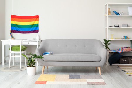 Sofa and flag of LGBT in interior of living roomの写真素材
