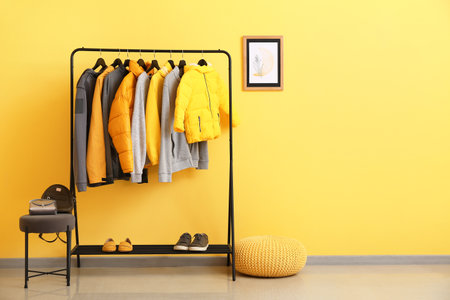 Interior of hallway with stylish clothesの写真素材
