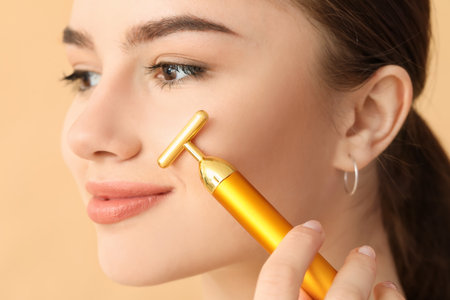 Beautiful young woman with facial massage tool on color backgroundの写真素材