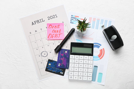 Calendar with credit cards and stationery on white backgroundの写真素材