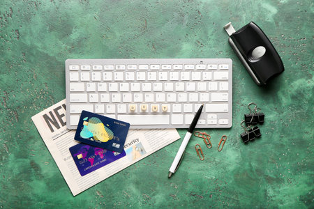 Computer keyboard with credit cards and newspaper on color background