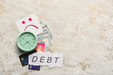 Paper with word DEBT, alarm clock and money on grunge background