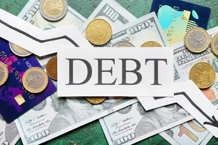 Paper with word DEBT and money on color background