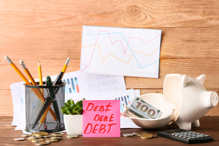 Paper with words DEBT, stationery and piggy bank on wooden backgroundの写真素材