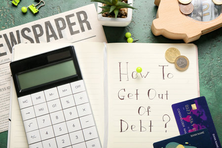 Notebook, calculator and money on color backgroundの写真素材