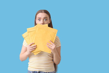 Shocked young woman with letters on color backgroundの写真素材
