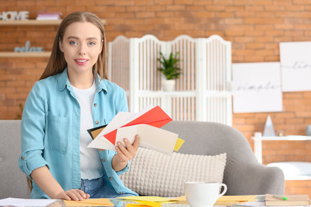 Young woman with many letters at home