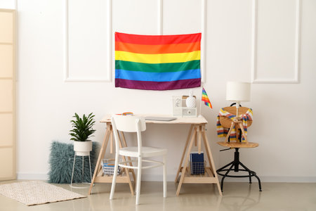 Modern workplace with flags of LGBT in roomの写真素材