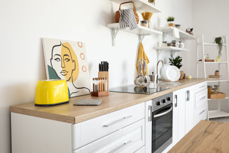 Interior of stylish kitchen with foodの写真素材