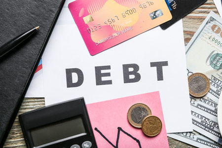 Word DEBT with money and calculator on wooden backgroundの写真素材