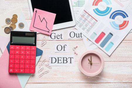 Text GET OUT OF DEBT with stationery and coins on light wooden backgroundの写真素材