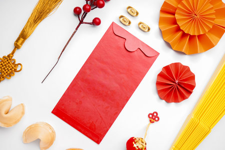 Red envelope and Chinese symbols on white background. new year celebration