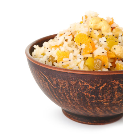 Bowl of rice Kutya on white background, closeupの写真素材