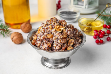 Bowl of Kutya on white table, closeupの写真素材