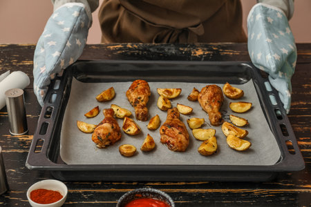 Woman holding baking tray with paper, tasty chicken legs and potato at tableの写真素材