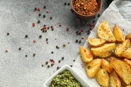 Baking paper with tasty baked potato and spices on light background, closeup