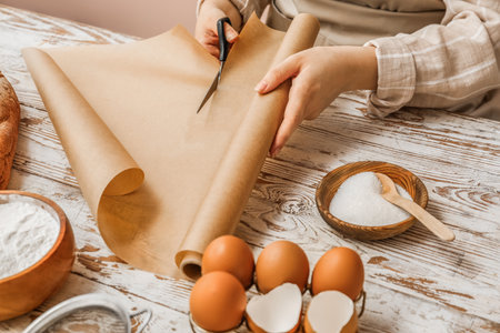 Woman cutting baking paper at table, closeupの写真素材