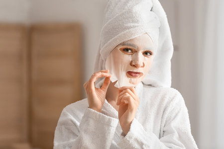 Beautiful young woman with sheet facial mask in bathroomの写真素材