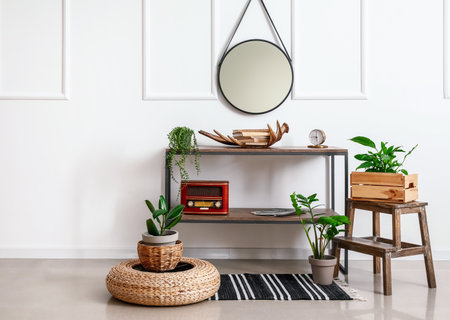 Interior of stylish living room with mirrorの写真素材