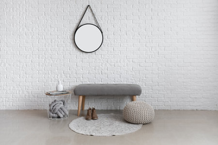 Interior of stylish hallway with mirrorの写真素材