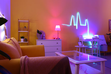 Interior of modern room with neon lightingの写真素材