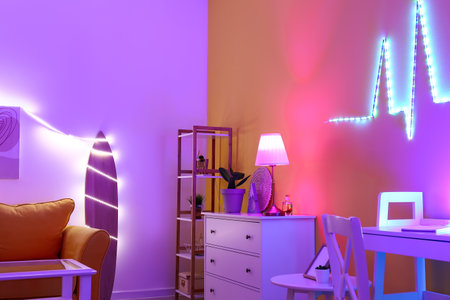 Interior of modern room with neon lightingの写真素材