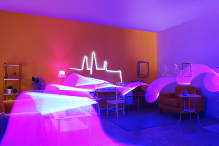 Interior of modern room with neon lightingの写真素材